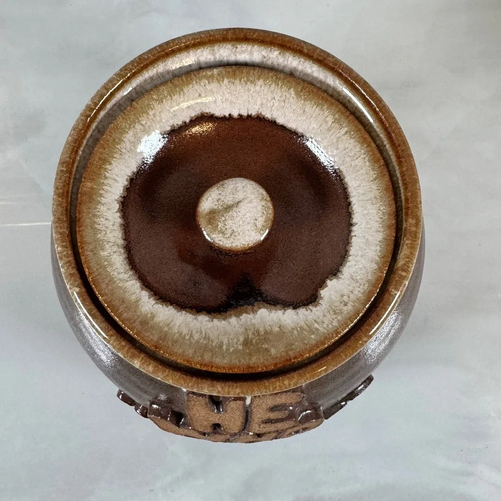 Vintage Brown Drip Glaze Cookie Jar He Who Indulges Bulges 70s‎ Kitschy